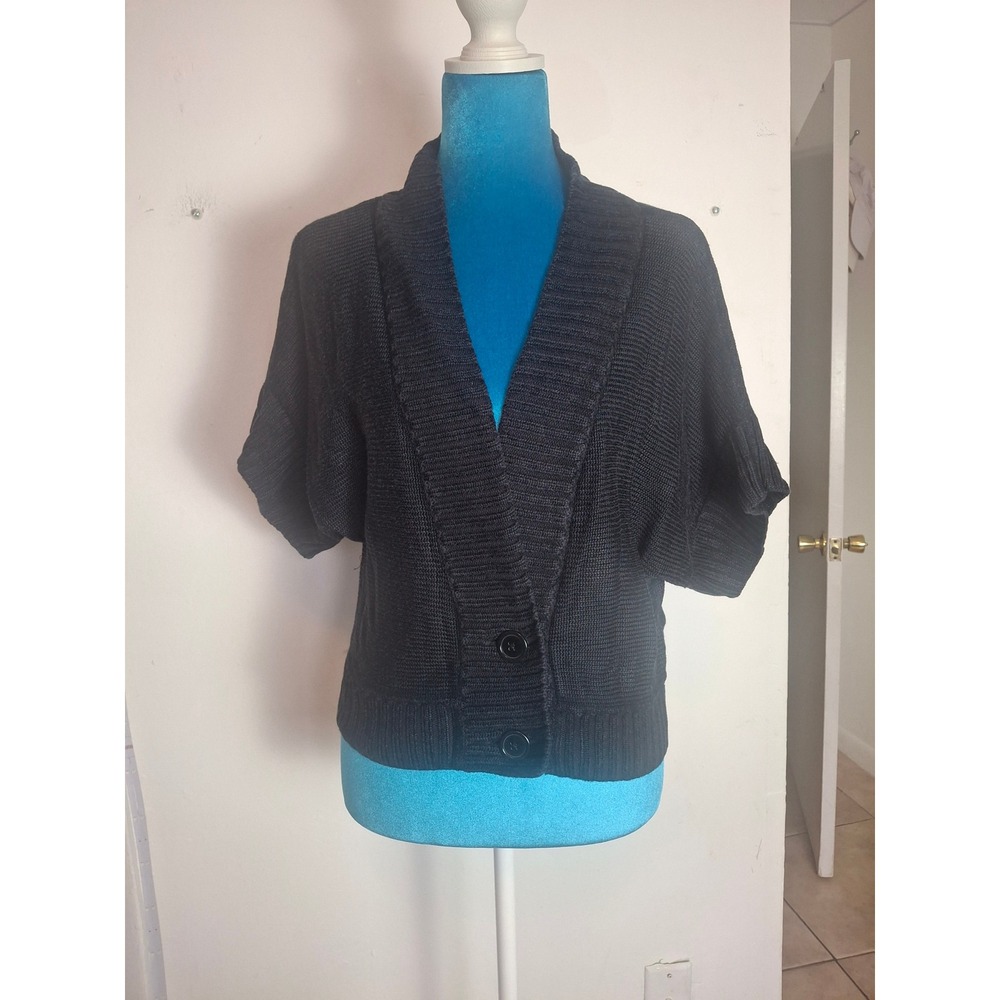 Worthington Black Short Sleeve Shawl Collar Button Front Cardigan Sweater Large